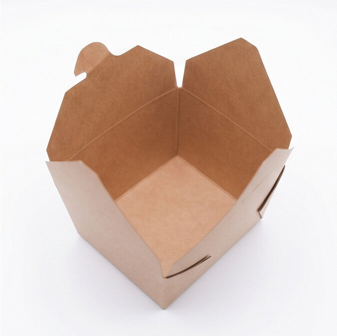 Top-down view of kraft paper takeaway food container No. 1 open, showing full interior capacity and fold-over flap design