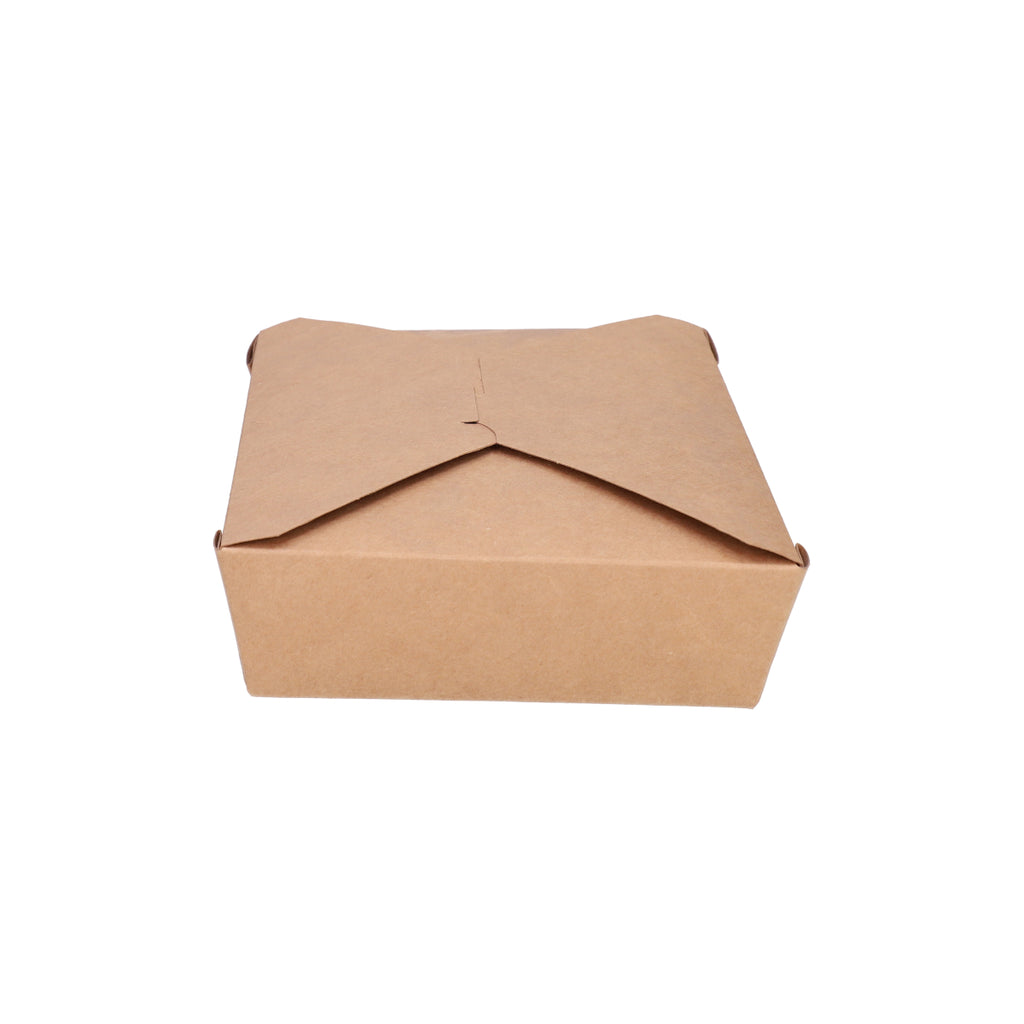 Kraft paper takeaway food container No. 2 closed, top-front view showing fold-over flap lid and kraft texture