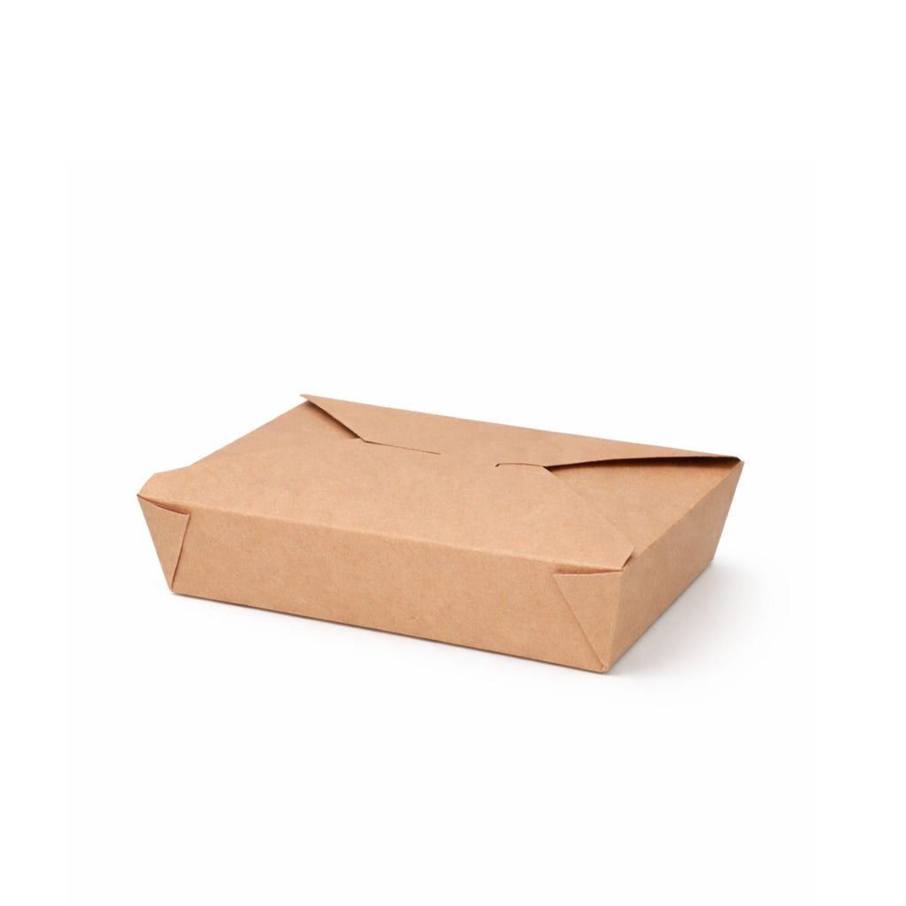 Kraft paper takeaway food container No. 2, closed front view showing fold-over flap and natural brown kraft finish on white background
