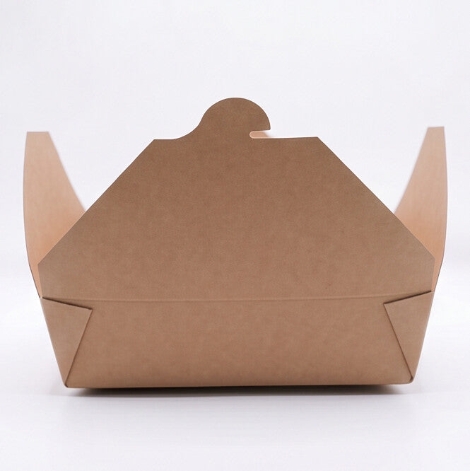 Kraft paper takeaway food container No. 2 fully open, straight front view showing fold-over flap construction and interior