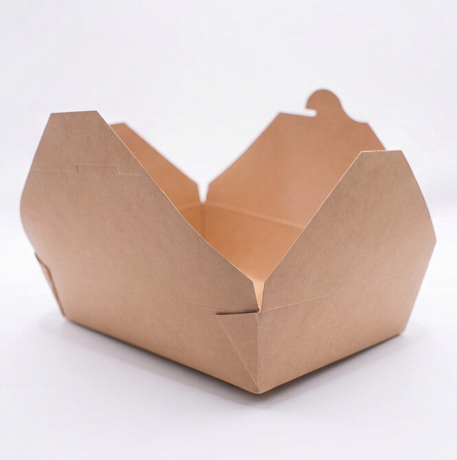 Kraft paper takeaway food container No. 2 open, low side angle view showing flaps spread and deep interior

