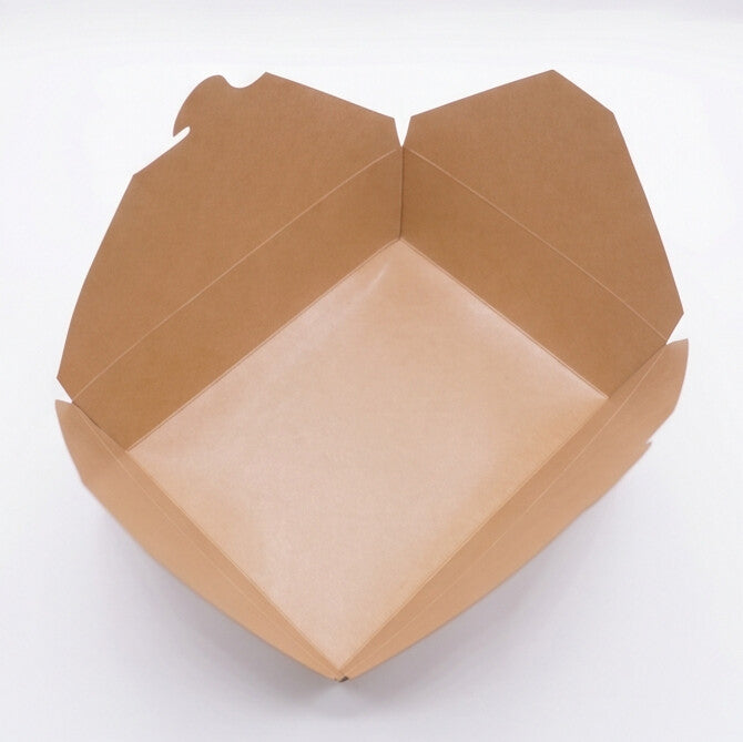 Top-down view of kraft paper takeaway food container No. 2 fully open, showing full interior capacity