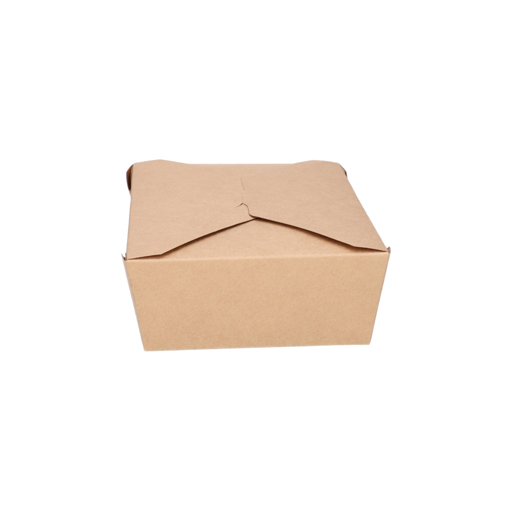 Kraft paper takeaway food container No. 3, closed top-front view showing fold-over flap and natural brown kraft finish on white background
