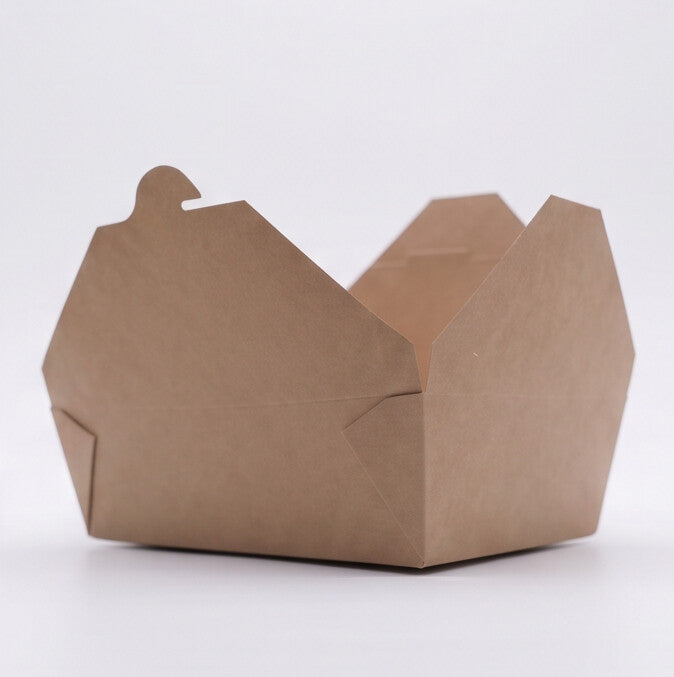 Kraft paper takeaway food container No. 3 fully open, straight front view showing all four flaps spread and interior