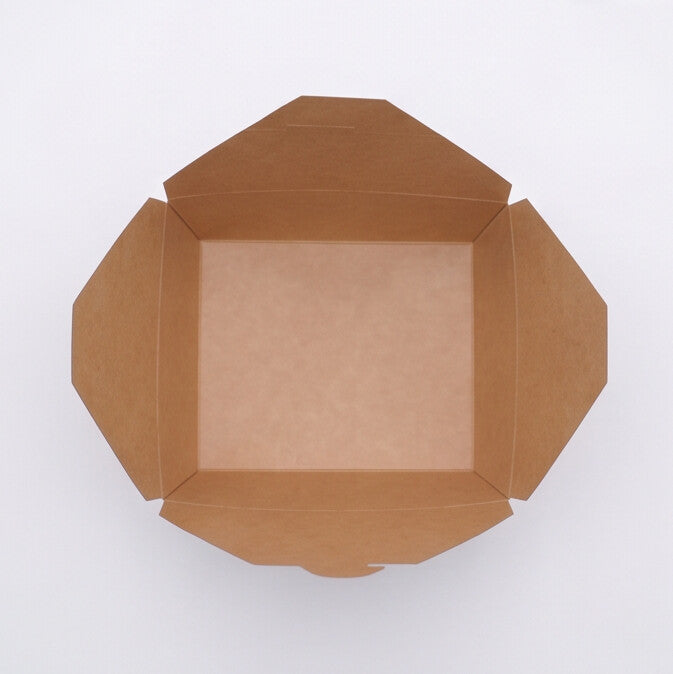 Top-down view of kraft paper takeaway food container No. 3 fully open, showing full interior capacity and fold-over flap construction