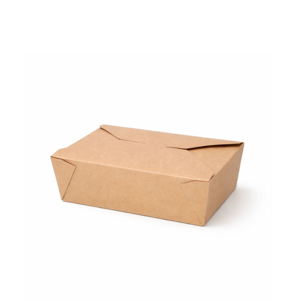 Kraft paper takeaway food container No. 3 closed, perspective view showing natural kraft finish and sturdy folded corners