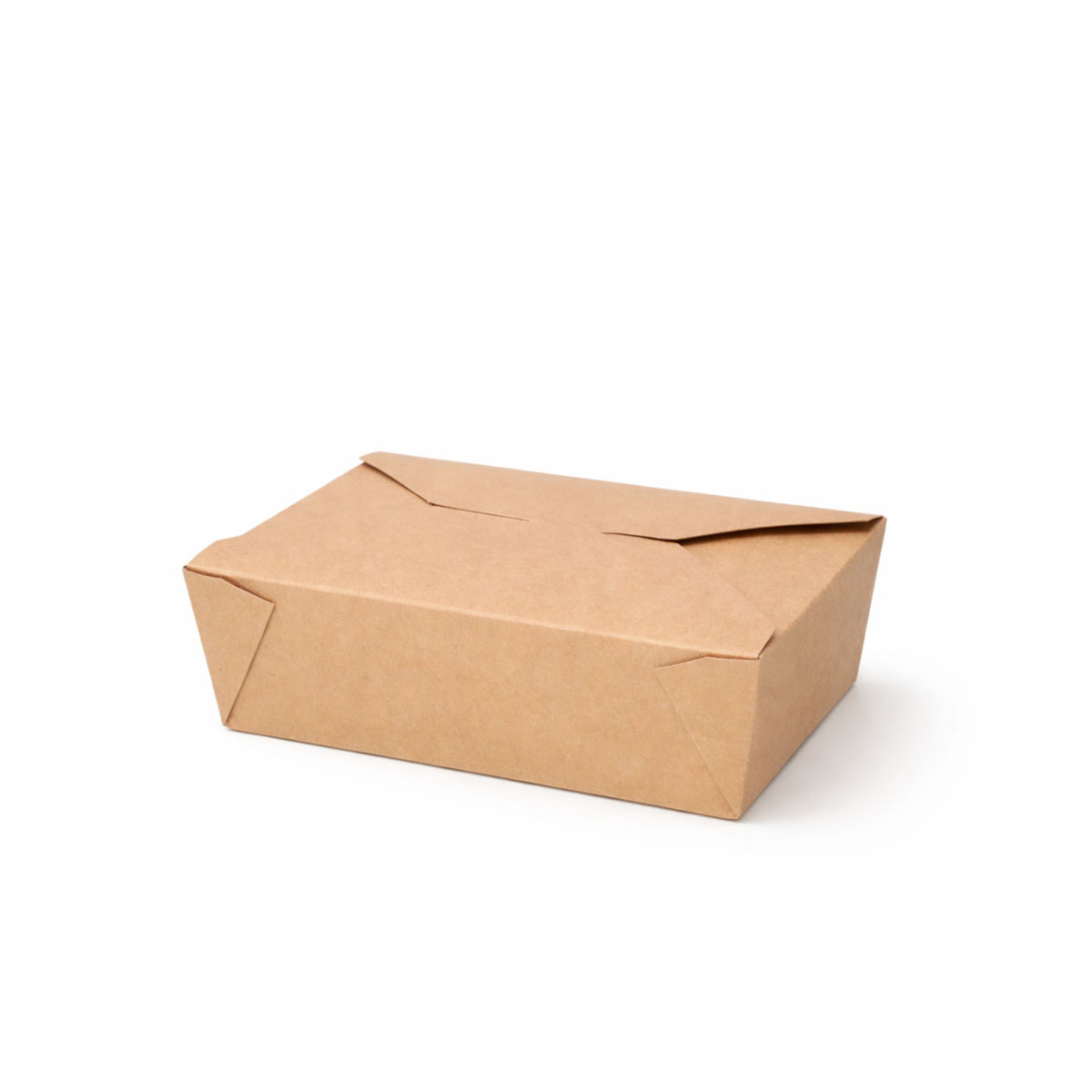 Kraft paper takeaway food container No. 3 closed, perspective view showing natural kraft finish and sturdy folded corners