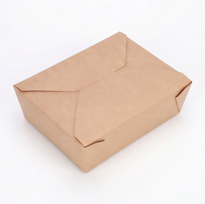 Kraft paper takeaway food container No. 3 closed, three-quarter angle view showing top and side with fold-over flap