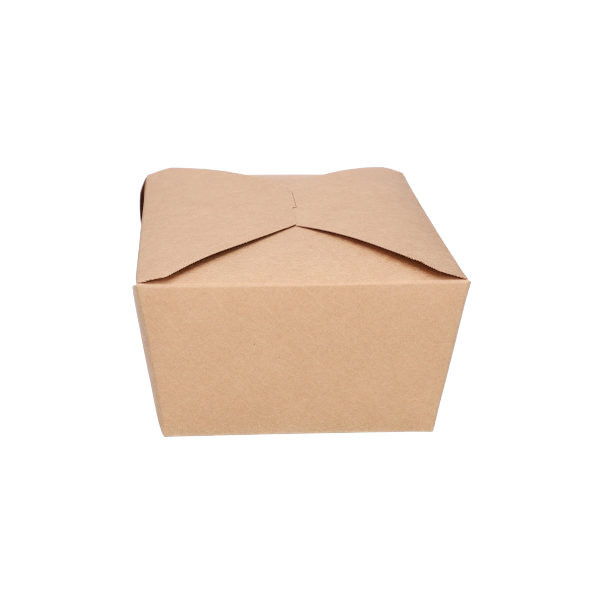 Kraft paper takeaway food container No. 4 closed, top-front view showing fold-over flap lid and kraft texture