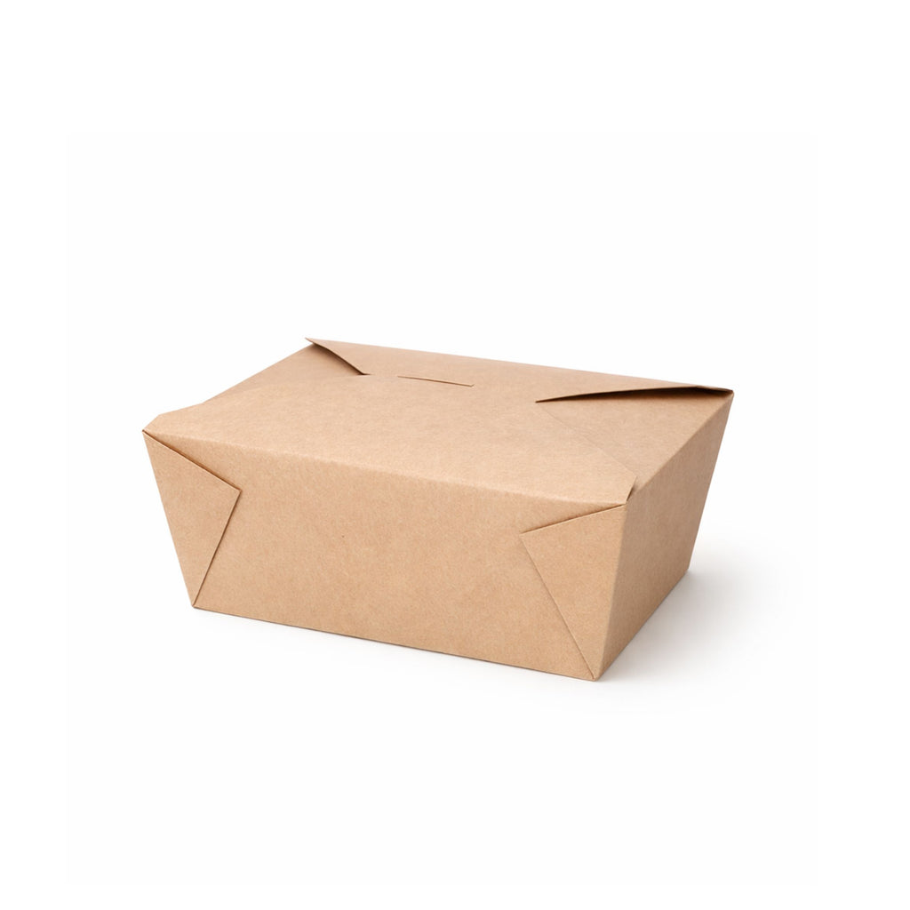 Kraft paper takeaway food container No. 4, closed front view showing fold-over flap and natural brown kraft finish on white background