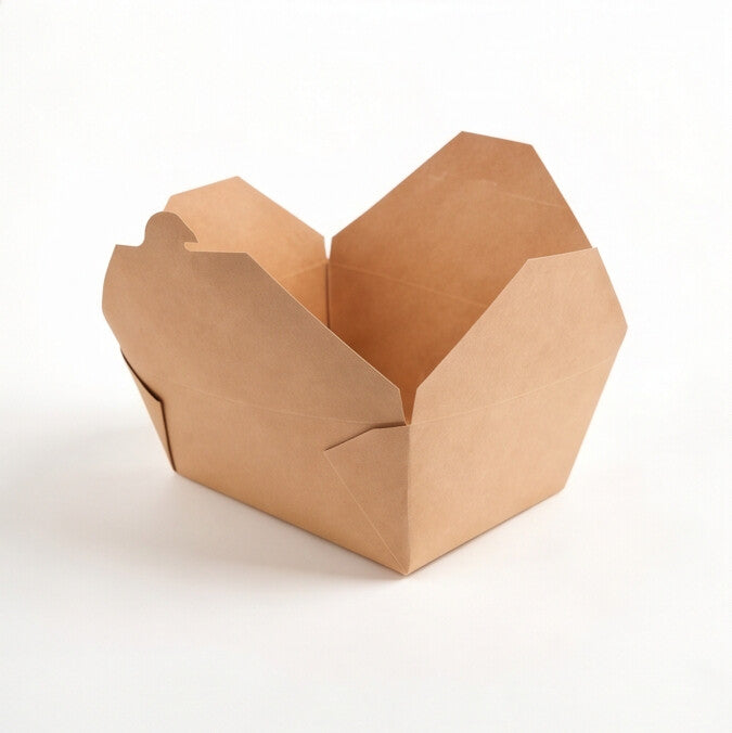 Kraft paper takeaway food container No. 4 fully open, front angle view showing all four flaps spread and interior