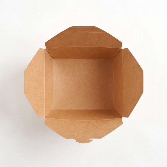 Top-down view of kraft paper takeaway food container No. 4 fully open, showing full interior capacity and fold-over flap construction