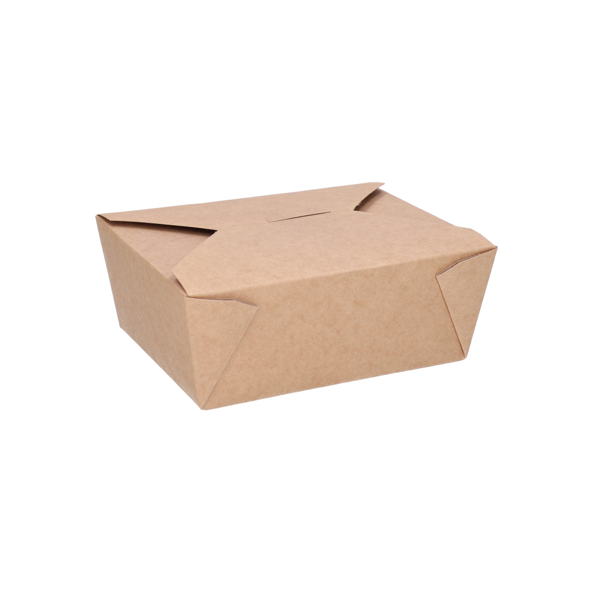 Kraft paper takeaway food container No. 5 closed, three-quarter angle view showing top and side with fold-over flap and sturdy corners