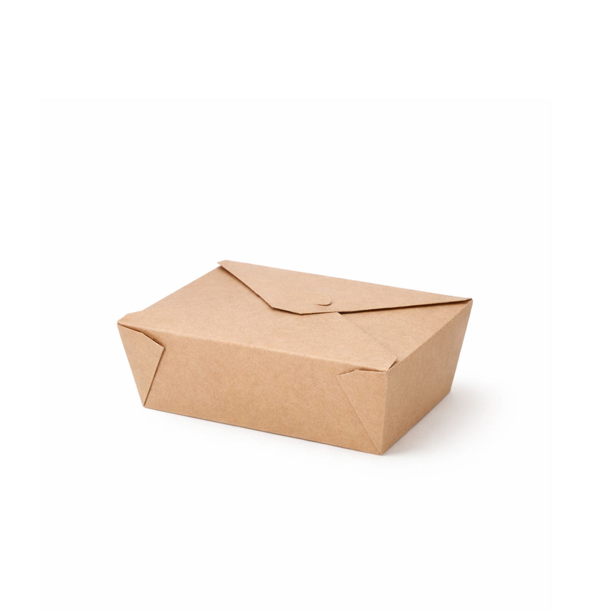 Kraft paper takeaway food container No. 5, closed front view showing fold-over flap and natural brown kraft finish on white background
