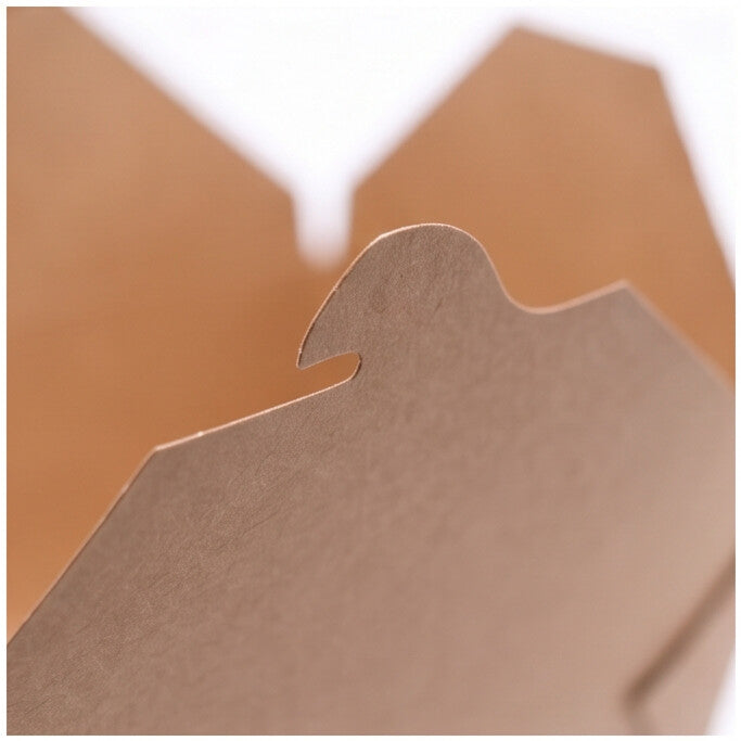 Close-up of kraft paper takeaway food container No. 5 open, highlighting the locking tab and flap detail
