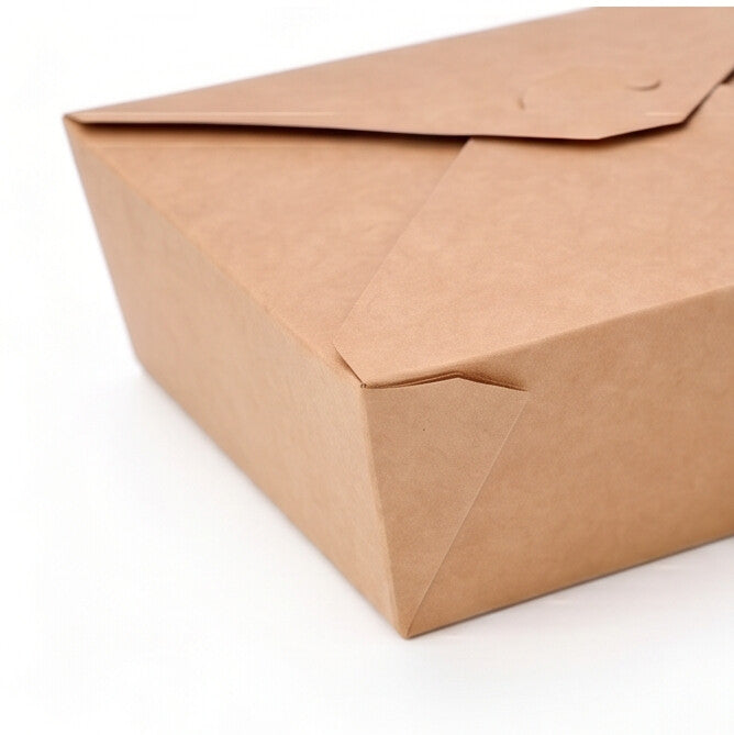 Kraft paper takeaway food container No. 8 closed, top-front view showing cross fold-over flap lid and kraft texture
