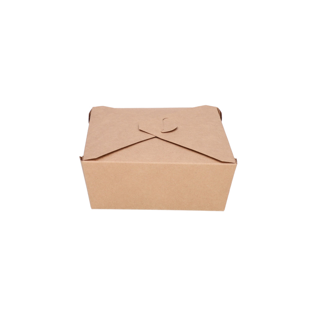 Kraft paper takeaway food container No. 8 closed, top-front view showing cross fold-over flap lid and kraft texture