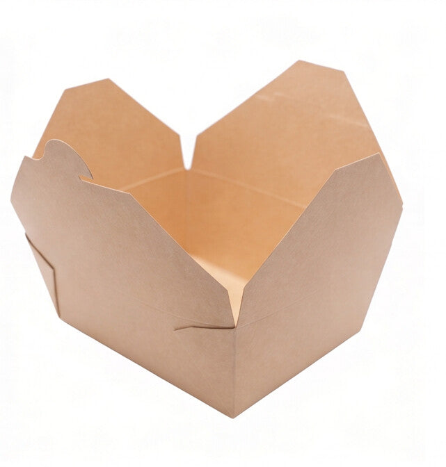 Kraft paper takeaway food container No. 8 fully open, front angle view showing all four flaps spread and interior