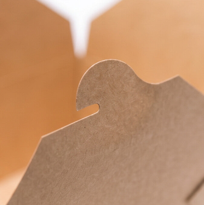 Close-up of kraft paper takeaway food container No. 8 open, highlighting the locking tab and flap detail

