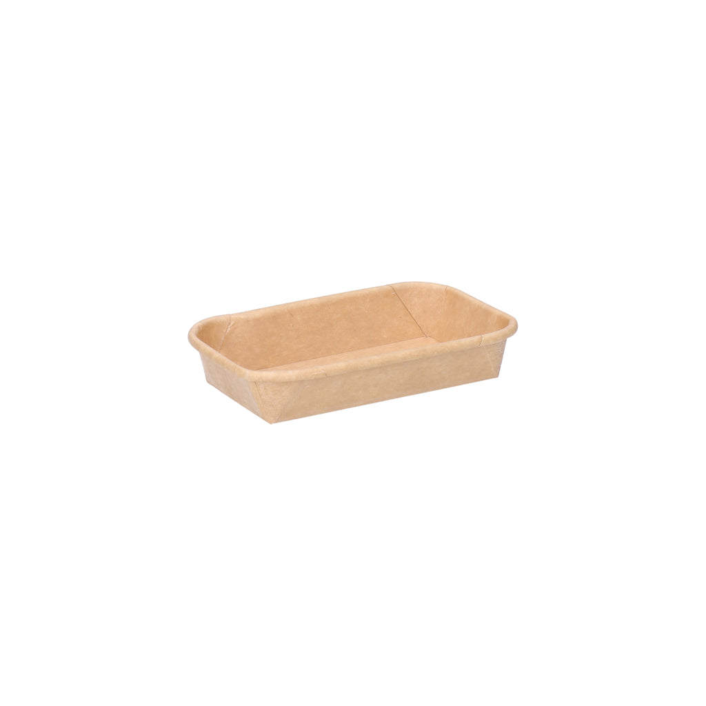 Kraft paper sushi tray HP-00 without lid, three-quarter angle view showing rectangular tray interior and natural brown kraft finish on white background