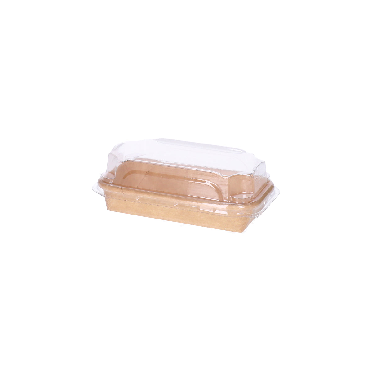 Kraft paper sushi tray HP-00 with clear plastic lid, three-quarter angle view showing tray and lid assembly