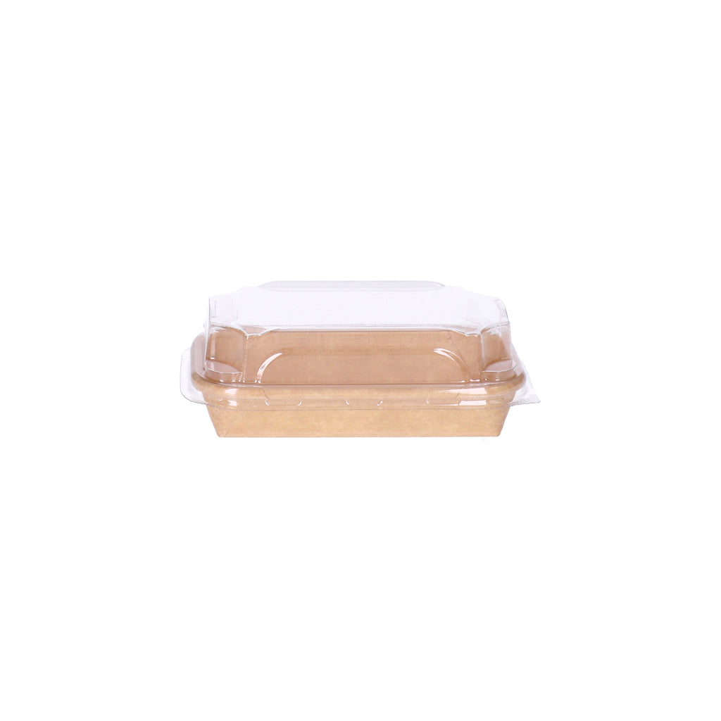 Kraft paper sushi tray HP-00 with clear plastic lid, straight front view showing kraft tray base and transparent dome lid