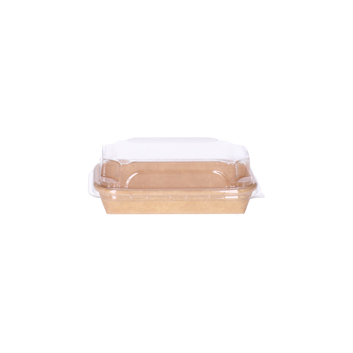 Kraft paper sushi tray HP-00 with clear plastic lid, straight front view showing kraft tray base and transparent dome lid