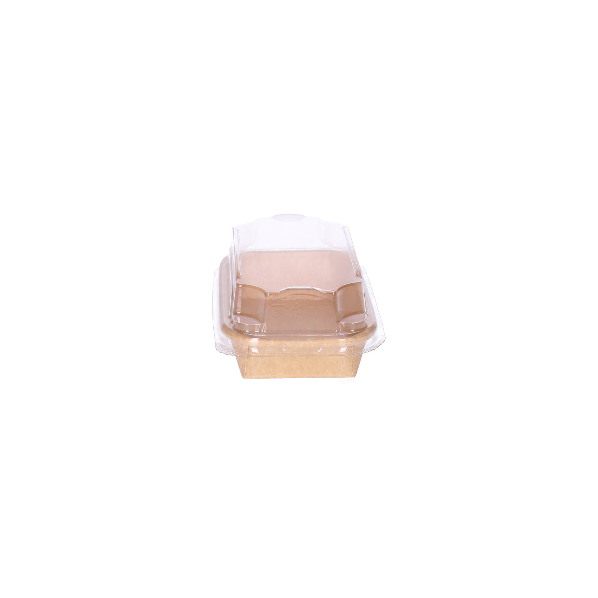 Kraft paper sushi tray HP-00 with clear plastic lid, straight side view showing profile of tray and lid combination