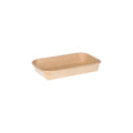 Kraft paper sushi tray HP-01 without lid, three-quarter angle view showing rectangular tray interior and natural brown kraft finish on white background
