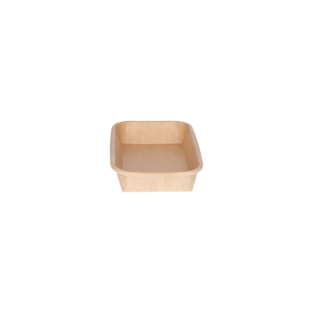 Kraft paper sushi tray HP-01 without lid, three-quarter angle view showing rectangular tray interior and natural brown kraft finish on white background

