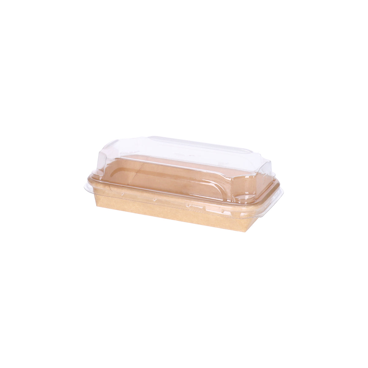 Kraft paper sushi tray HP-01 with clear plastic lid, three-quarter angle view showing kraft tray base and transparent dome lid assembly

