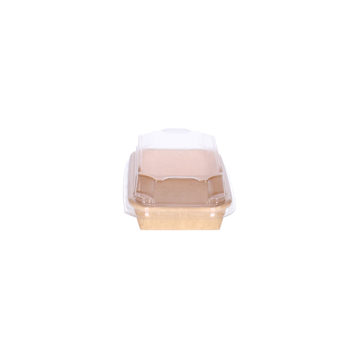 Kraft paper sushi tray HP-01 with clear plastic lid, straight side view showing profile of kraft tray and lid combination