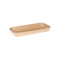 Kraft paper sushi tray HP-02 without lid, three-quarter angle view showing long narrow tray interior and natural brown kraft finish on white background
