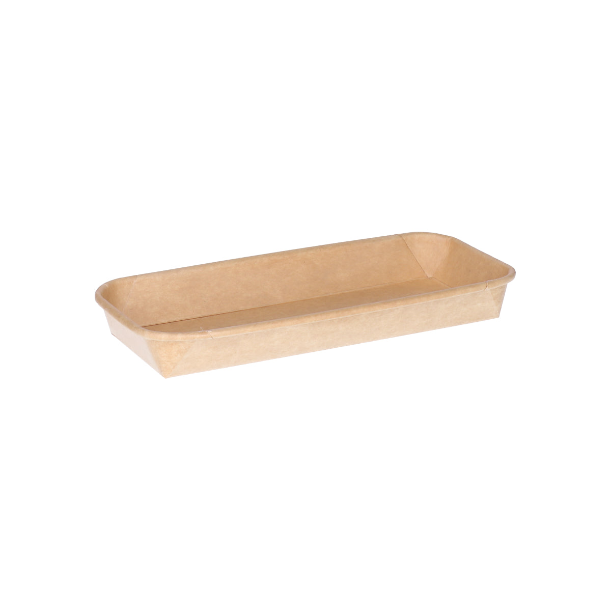 Kraft paper sushi tray HP-02 without lid, three-quarter angle view showing long narrow tray interior and natural brown kraft finish on white background
