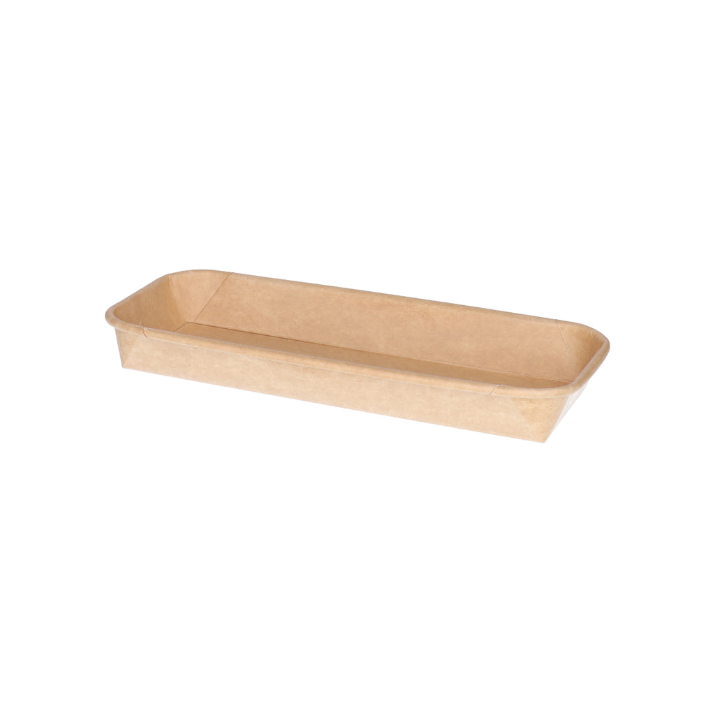 Kraft paper sushi tray HP-02 without lid, straight front view showing full interior capacity and kraft paper construction
