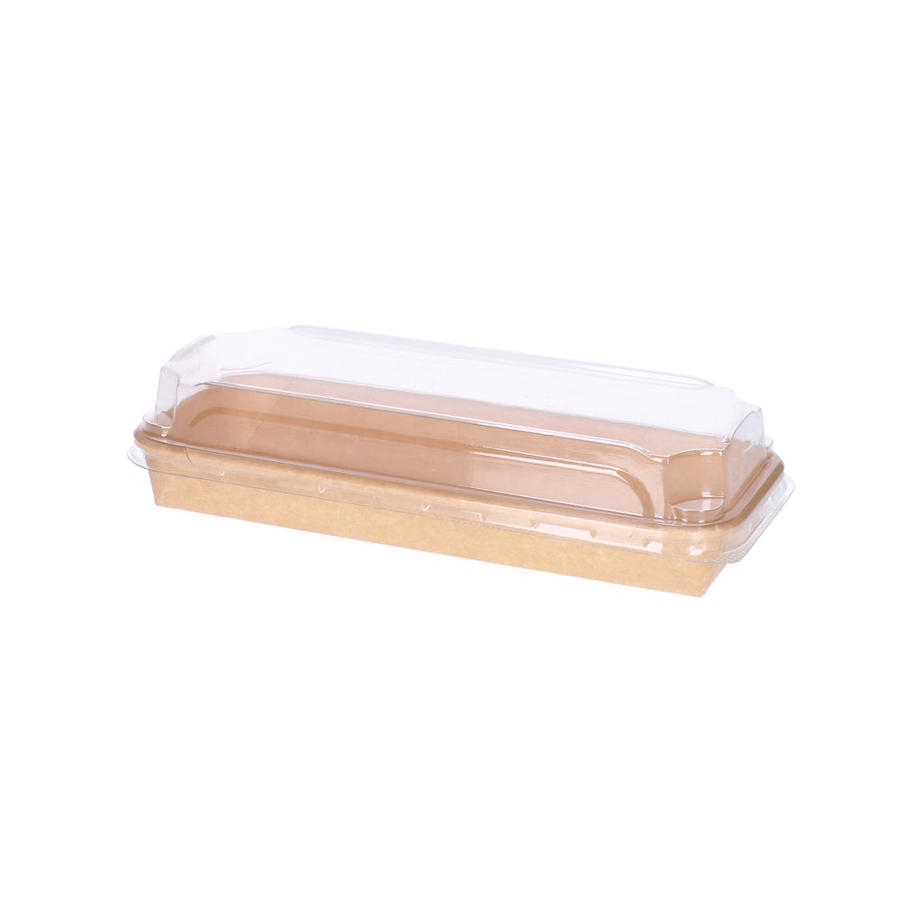 Kraft paper sushi tray HP-02 with clear plastic lid, three-quarter angle view showing kraft tray base and transparent dome lid assembly