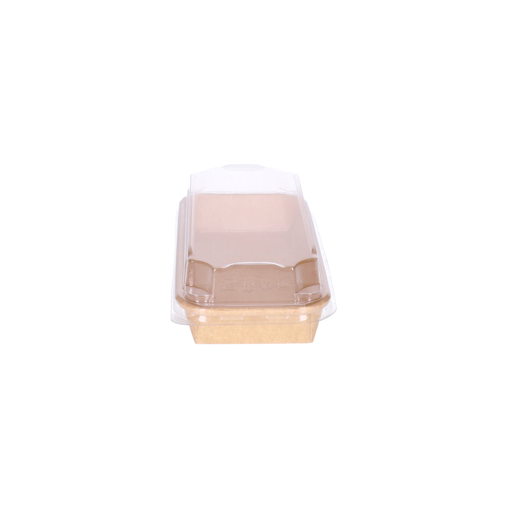 Kraft paper sushi tray HP-02 with clear plastic lid, straight side view showing profile of kraft tray and lid combination