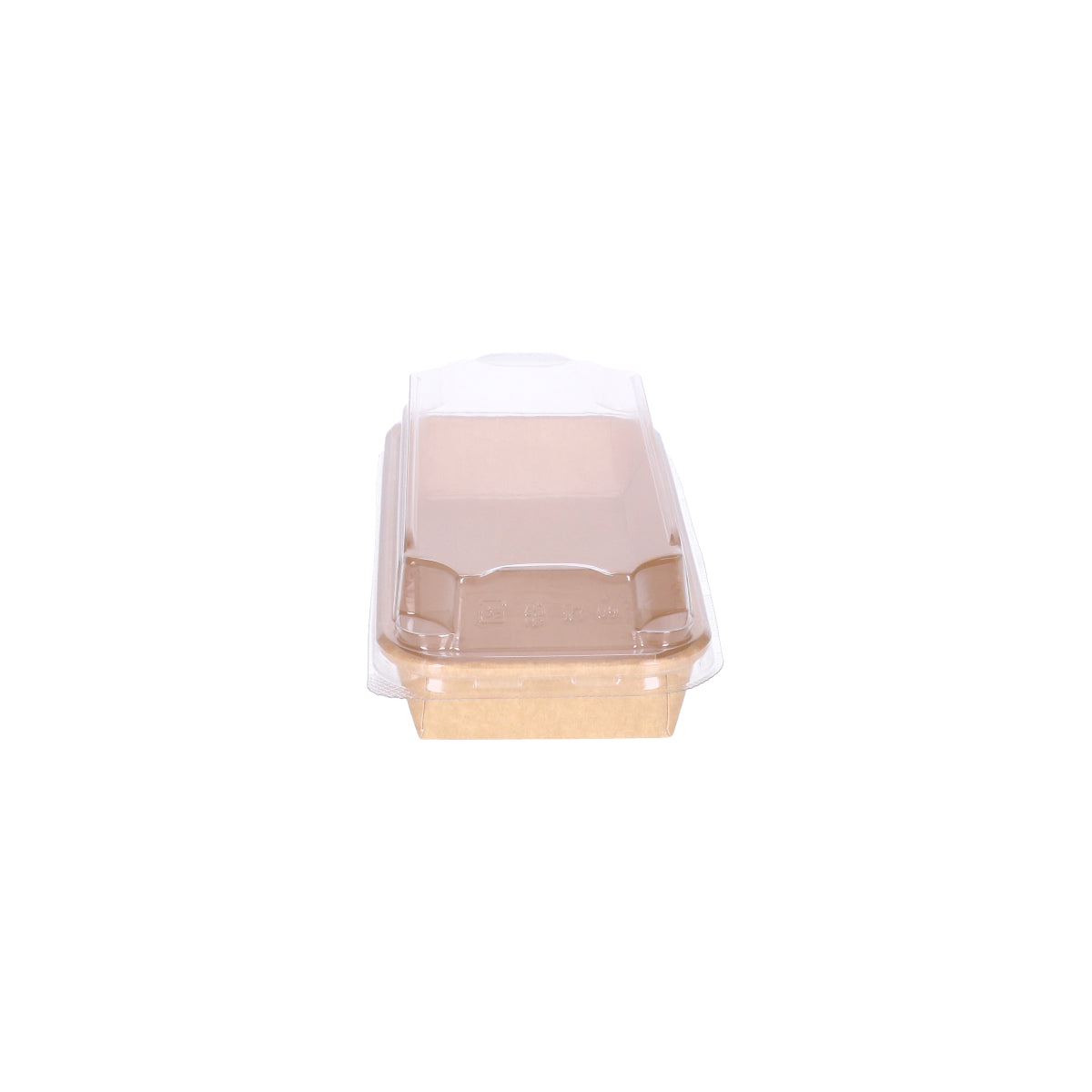Kraft paper sushi tray HP-02 with clear plastic lid, straight side view showing profile of kraft tray and lid combination