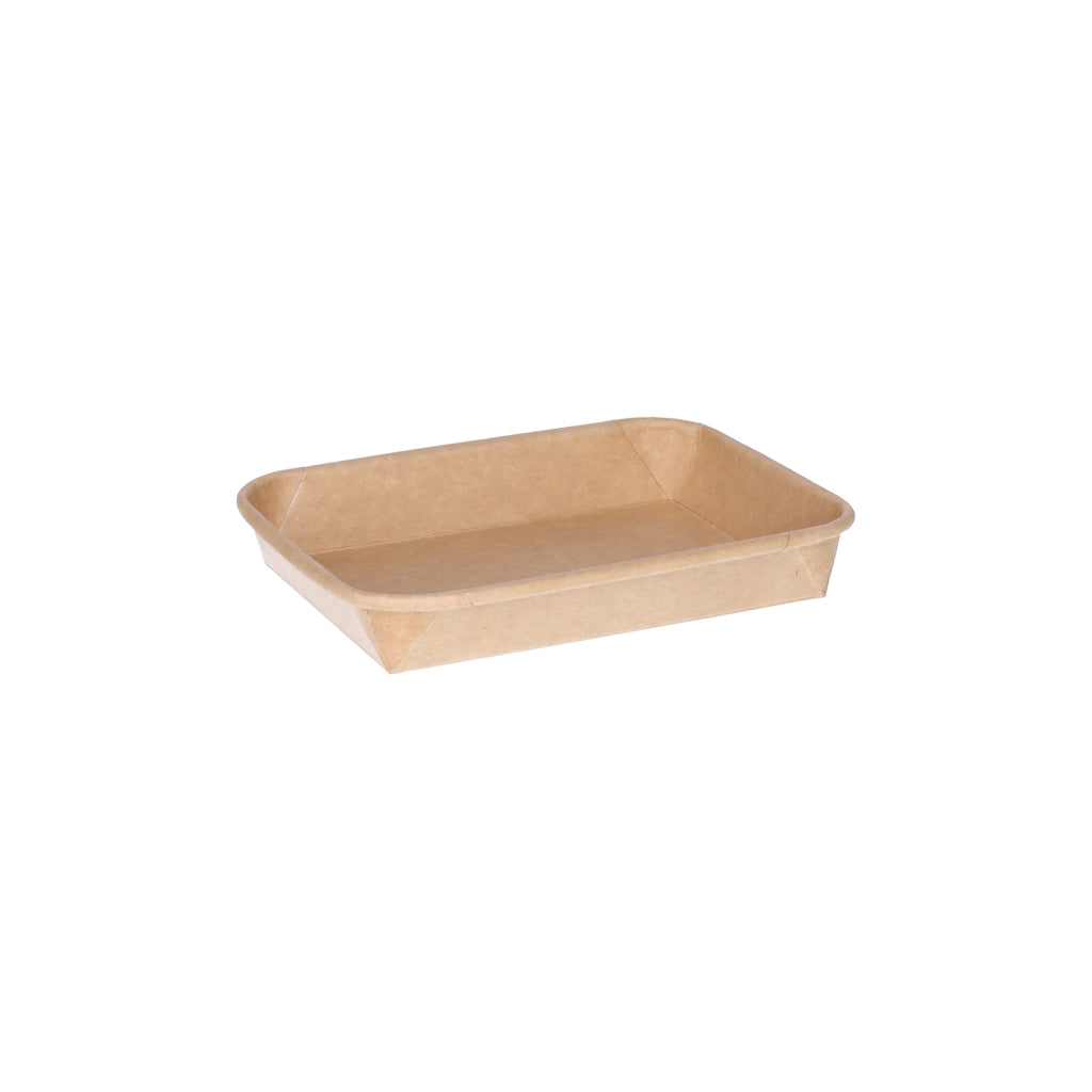 Kraft paper sushi tray HP-03 without lid, three-quarter angle view showing wide rectangular tray interior and natural brown kraft finish on white background
