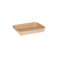 Kraft paper sushi tray HP-03 without lid, three-quarter angle view showing wide rectangular tray interior and natural brown kraft finish on white background