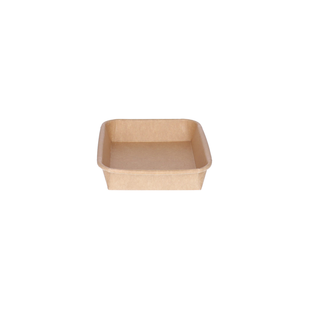 Kraft paper sushi tray HP-03 without lid, three-quarter angle view showing square-format tray interior and natural brown kraft finish