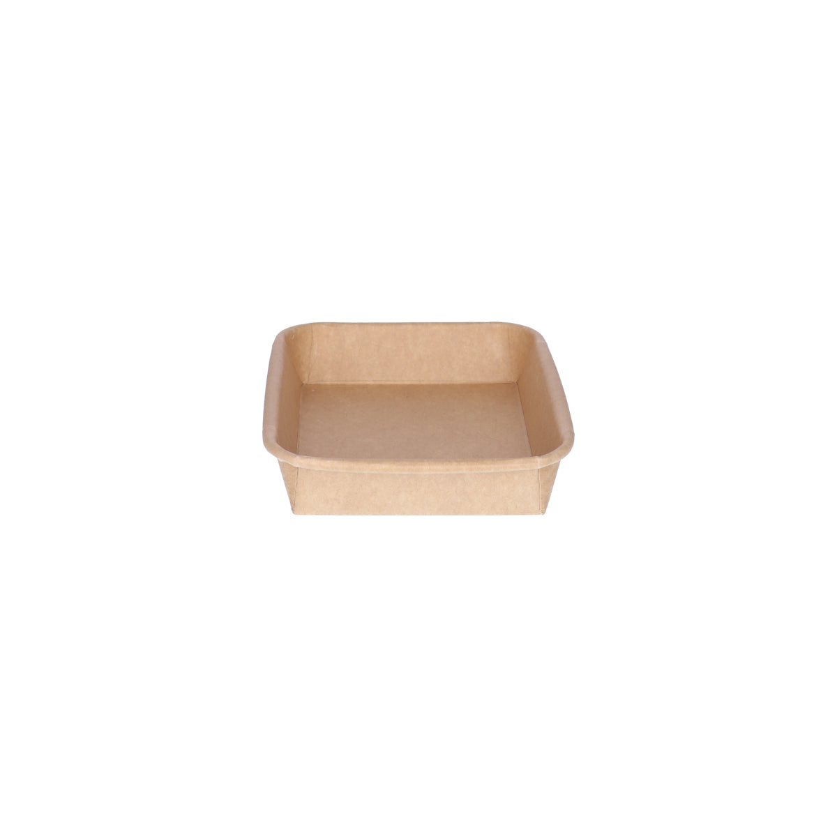 Kraft paper sushi tray HP-03 without lid, three-quarter angle view showing square-format tray interior and natural brown kraft finish