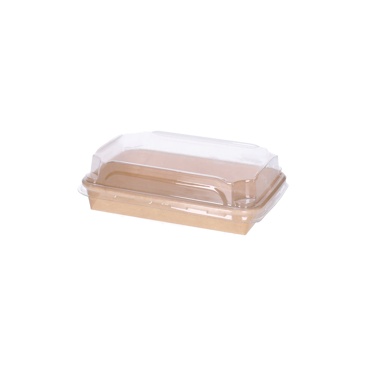 Kraft paper sushi tray HP-03 with clear plastic lid, three-quarter angle view showing kraft tray base and transparent dome lid assembly