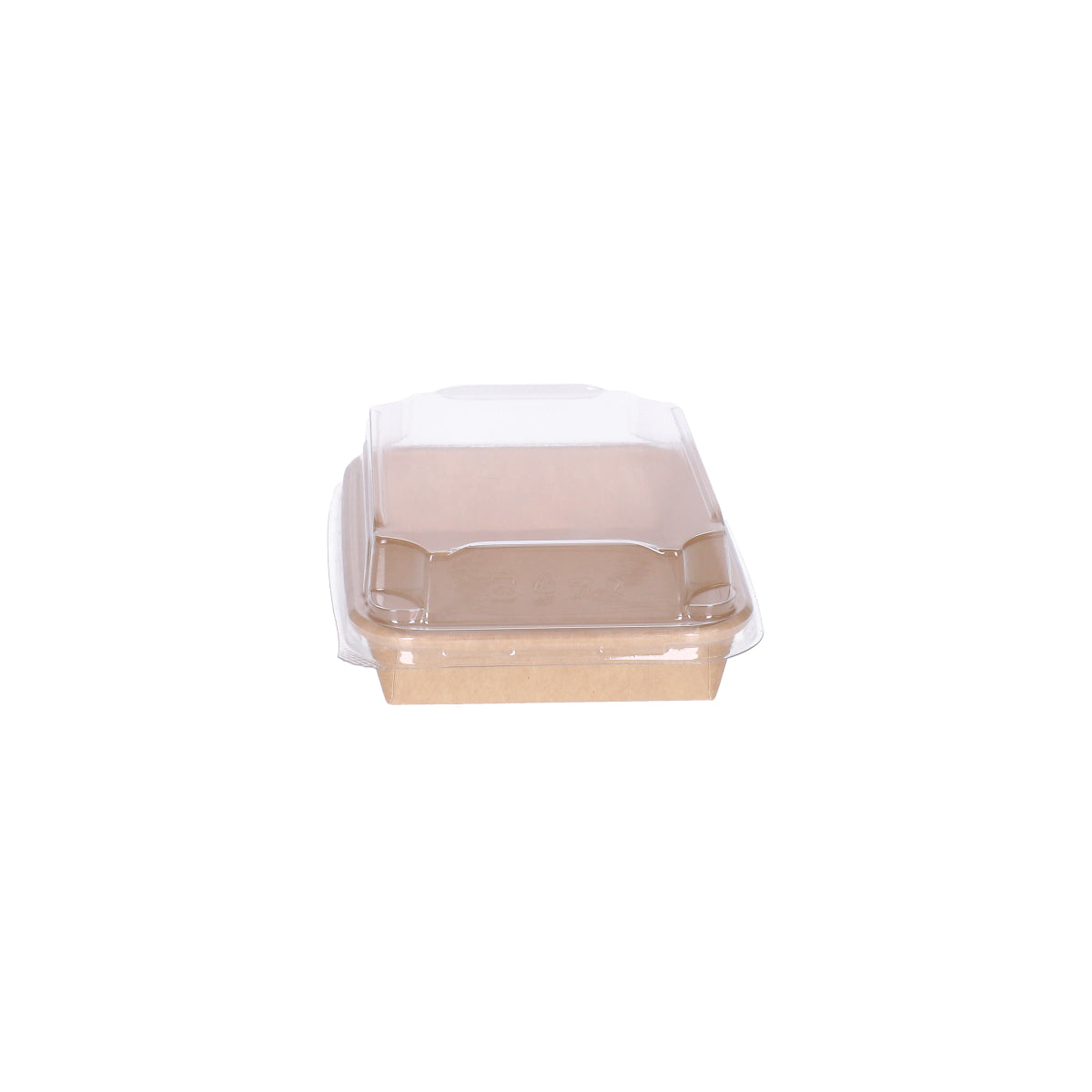 Kraft paper sushi tray HP-03 with clear plastic lid, straight side view showing profile of kraft tray and lid combination