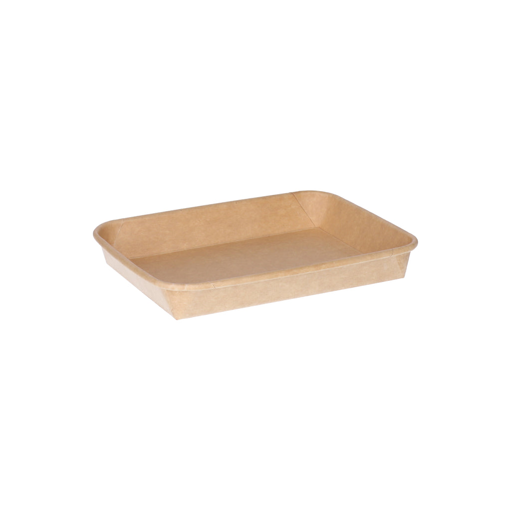 Kraft paper sushi tray HP-05 without lid, three-quarter angle view showing wide shallow rectangular tray interior and natural brown kraft finish on white background