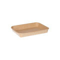 Kraft paper sushi tray HP-05 without lid, three-quarter angle view showing wide shallow rectangular tray interior and natural brown kraft finish on white background