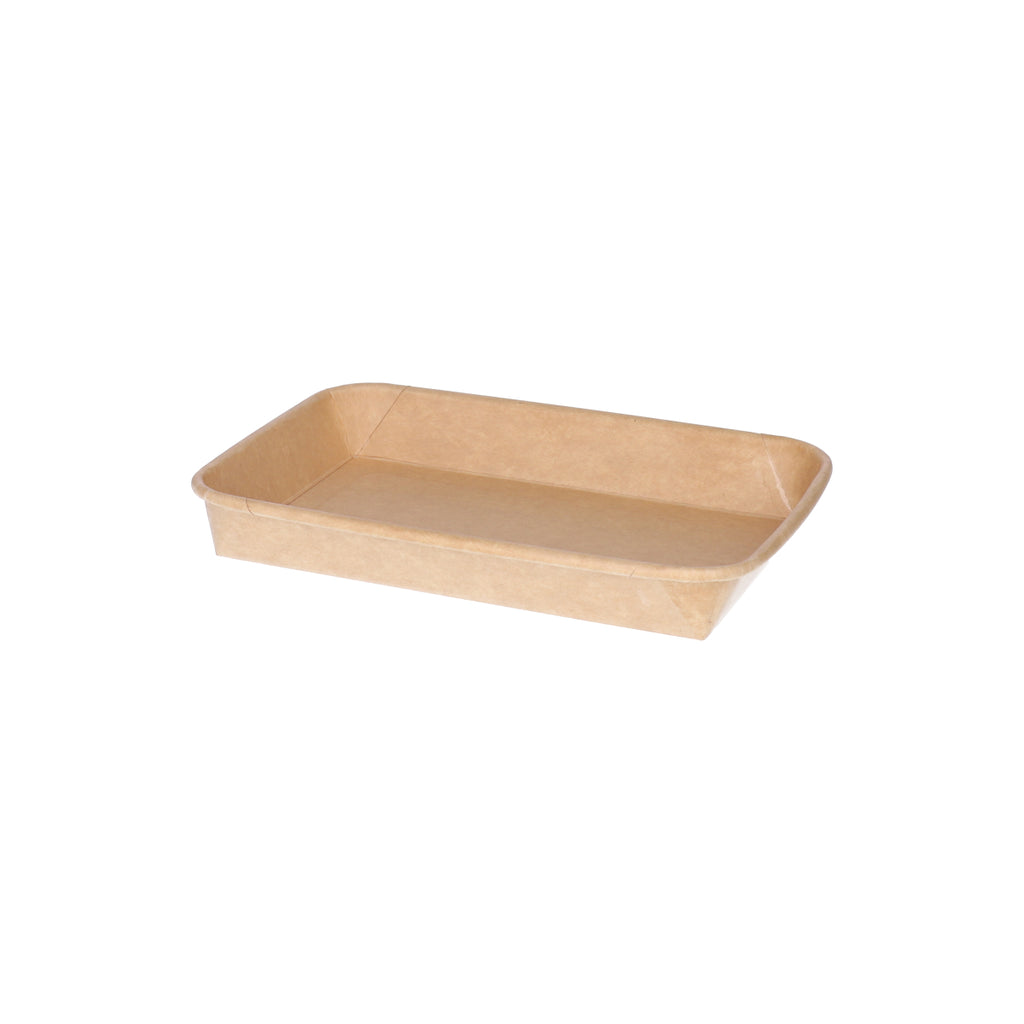 Kraft paper sushi tray HP-05 without lid, three-quarter angle view showing wide shallow rectangular tray interior and natural brown kraft finish on white background