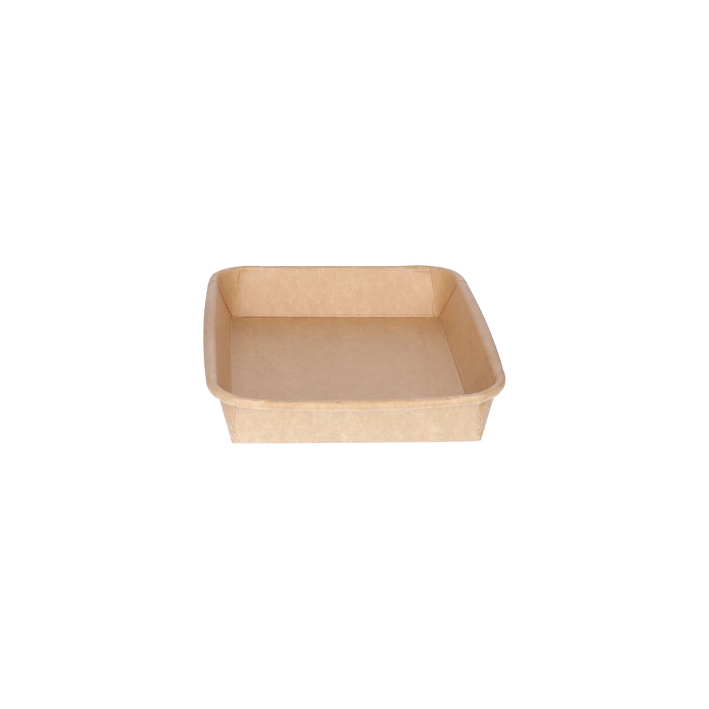 Kraft paper sushi tray HP-05 without lid, three-quarter angle view showing square-format tray interior and natural brown kraft finish