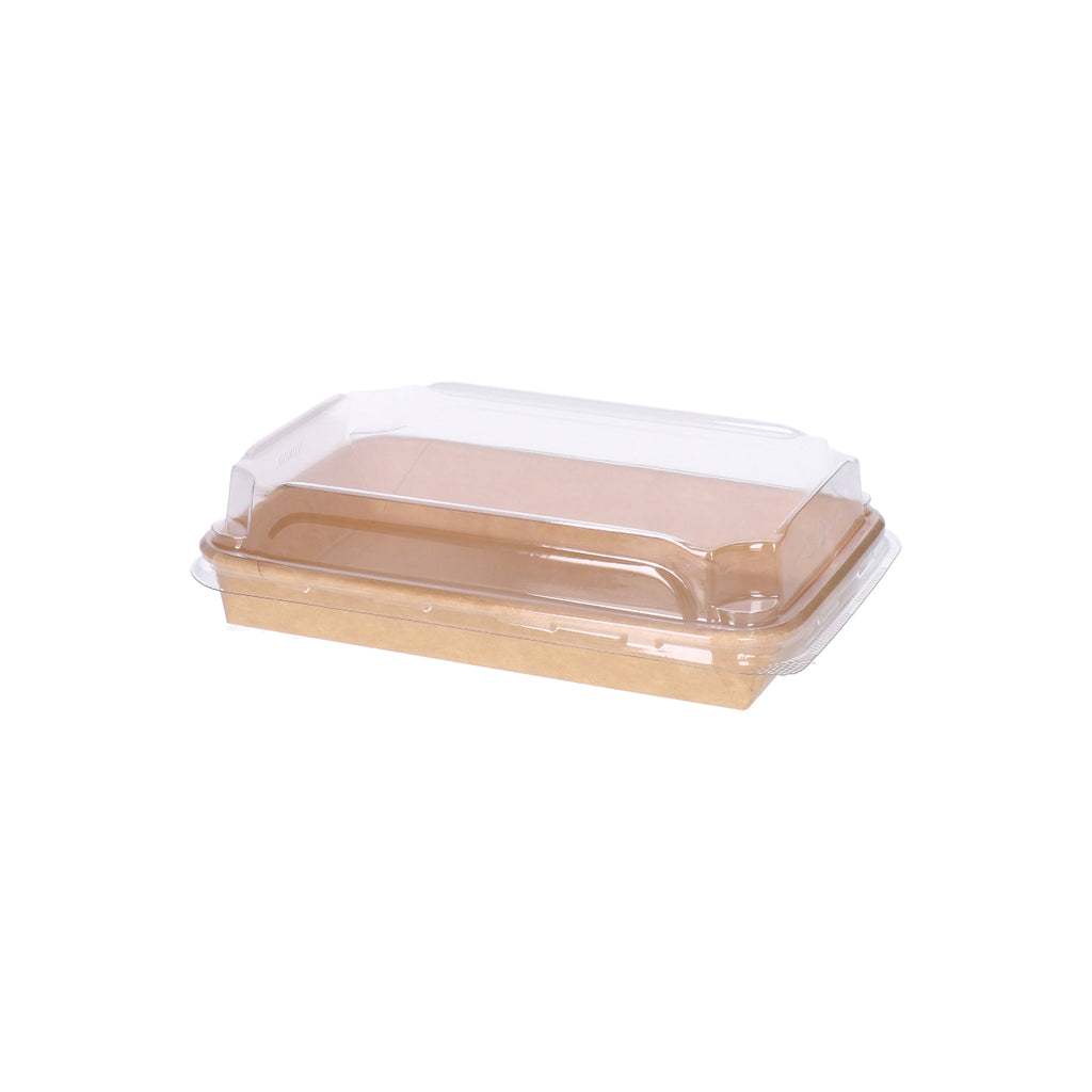 Kraft paper sushi tray HP-05 with clear plastic lid, three-quarter angle view showing kraft tray base and transparent dome lid assembly