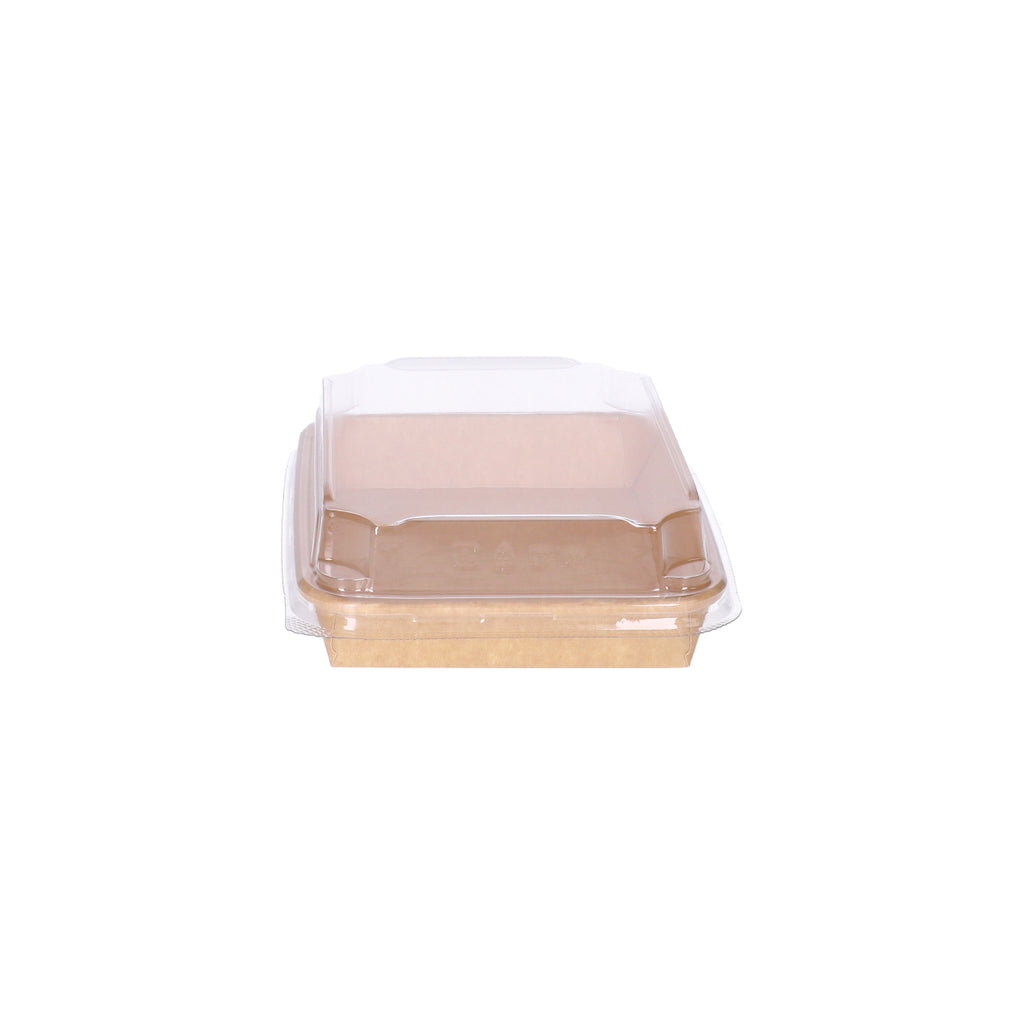 Kraft paper sushi tray HP-05 with clear plastic lid, straight side view showing profile of kraft tray and lid combination